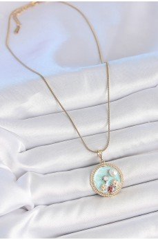 316L Çelik Gold Renk Zincir Mavi Mineli İnci Çiçek İşlemeli Zirkon Taş Detaylı Madalyon Model Kadın Kolye
