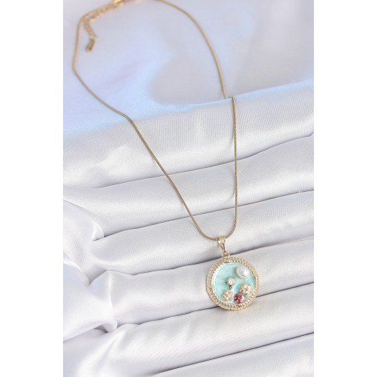 316L Çelik Gold Renk Zincir Mavi Mineli İnci Çiçek İşlemeli Zirkon Taş Detaylı Madalyon Model Kadın Kolye
