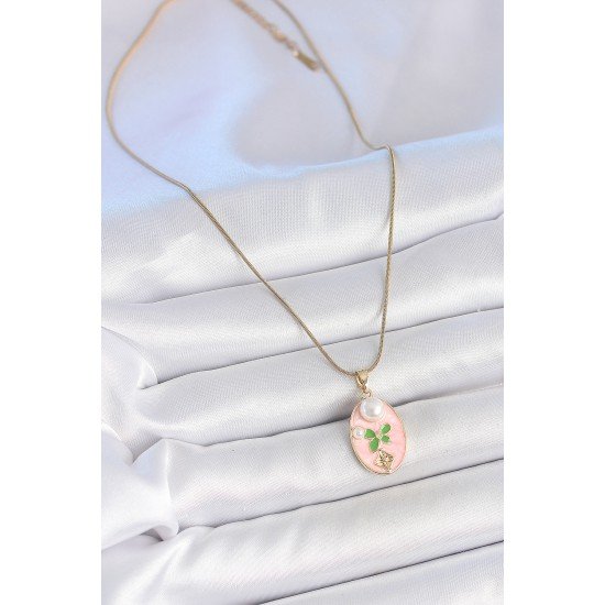 316L Çelik Gold Renk Zincir Pembe Mineli Oval İncili Çiçek İşlemeli Portre Model Kadın Kolye