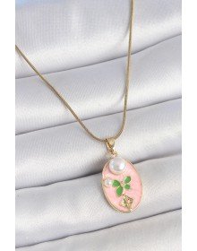 316L Çelik Gold Renk Zincir Pembe Mineli Oval İncili Çiçek İşlemeli Portre Model Kadın Kolye