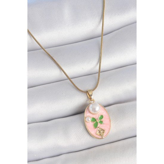 316L Çelik Gold Renk Zincir Pembe Mineli Oval İncili Çiçek İşlemeli Portre Model Kadın Kolye