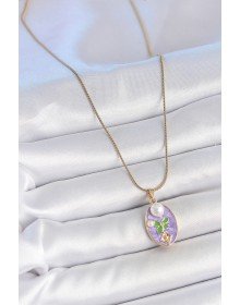 316L Çelik Gold Renk Zincir Mor Mineli Oval İncili Çiçek İşlemeli Portre Model Kadın Kolye