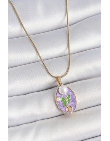 316L Çelik Gold Renk Zincir Mor Mineli Oval İncili Çiçek İşlemeli Portre Model Kadın Kolye