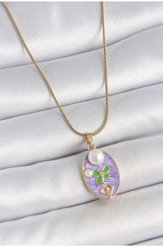 316L Çelik Gold Renk Zincir Mor Mineli Oval İncili Çiçek İşlemeli Portre Model Kadın Kolye