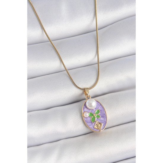 316L Çelik Gold Renk Zincir Mor Mineli Oval İncili Çiçek İşlemeli Portre Model Kadın Kolye