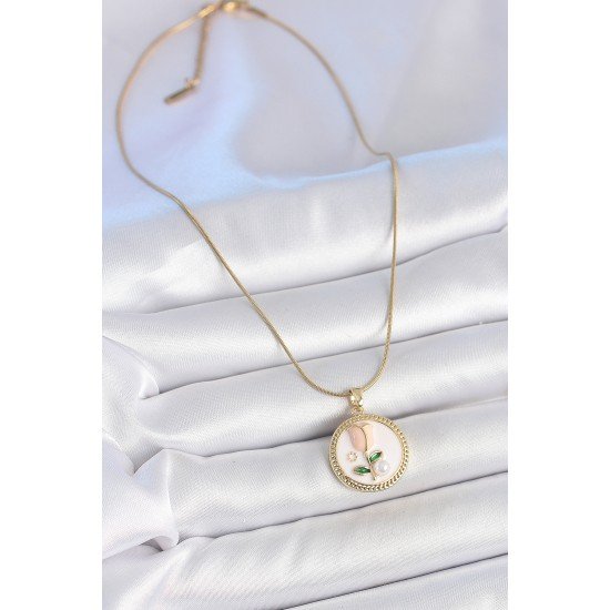 316L Çelik Gold Renk Beyaz Mineli İncili Çiçek İşlemeli Portre Model Kadın Kolye