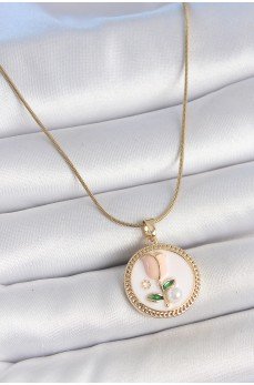 316L Çelik Gold Renk Beyaz Mineli İncili Çiçek İşlemeli Portre Model Kadın Kolye
