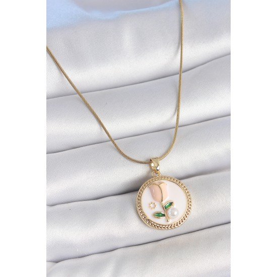 316L Çelik Gold Renk Beyaz Mineli İncili Çiçek İşlemeli Portre Model Kadın Kolye