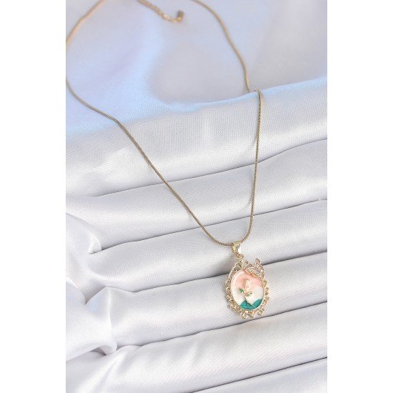 316L Çelik Gold Renk Zincir Mix Renk Çiçek İşlemeli Zirkon Taş Detaylı Portre Model Kadın Kolye