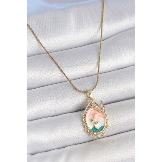 316L Çelik Gold Renk Zincir Mix Renk Çiçek İşlemeli Zirkon Taş Detaylı Portre Model Kadın Kolye