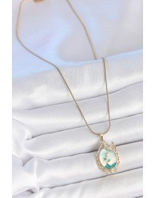 316L Çelik Gold Renk Zincir Mavi Mineli Çiçek İşlemeli Zirkon Taş Detaylı Portre Model Kadın Kolye