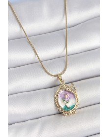 316L Çelik Gold Renk Zincir Mix Renk Mineli Çiçek İşlemeli Zirkon Taş Detaylı Portre Model Kadın Kolye