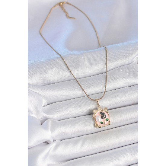 316L Çelik Gold Renk Zincir Pembe Mineli Çiçek İşlemli İnci Detay Portre Model Kadın Kolye