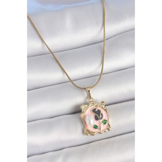 316L Çelik Gold Renk Zincir Pembe Mineli Çiçek İşlemli İnci Detay Portre Model Kadın Kolye