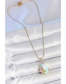 316L Çelik Gold Renk Zincir Mavi Mineli İncili Çiçek İşlemeli Portre Model Kadın Kolye