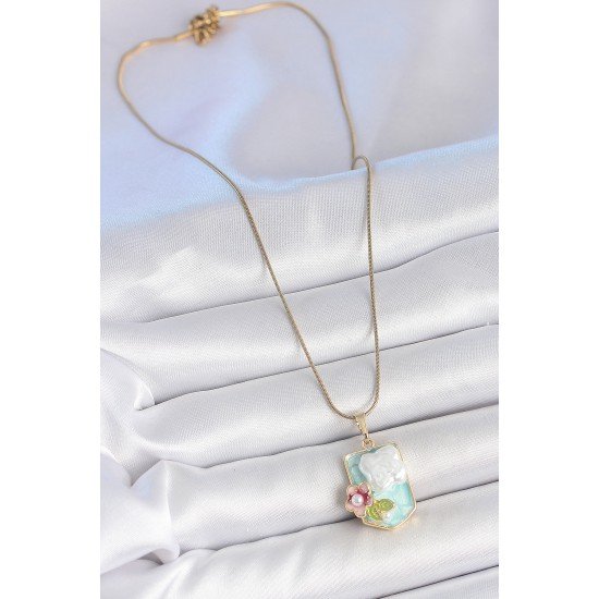 316L Çelik Gold Renk Zincir Mavi Mineli İncili Çiçek İşlemeli Portre Model Kadın Kolye