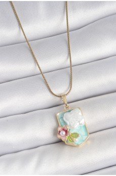 316L Çelik Gold Renk Zincir Mavi Mineli İncili Çiçek İşlemeli Portre Model Kadın Kolye