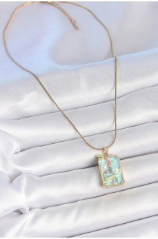 316L Çelik Gold Renk Zincir Mavi Mineli İncili Çiçek İşlemeli Portre Model Kadın Kolye