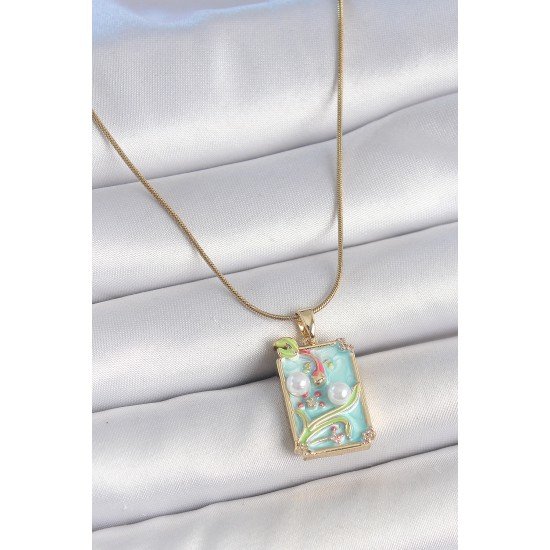 316L Çelik Gold Renk Zincir Mavi Mineli İncili Çiçek İşlemeli Portre Model Kadın Kolye