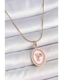 316L Çelik Gold Renk Zincir Pembe Mineli İncli Zirkon Taşlı Çiçek İşlemeli Portre Model Kadın Kolye