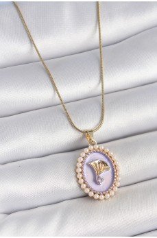 316L Çelik Gold Renk Zincir Mor Mineli İncili Zirkon Taşlı Çiçek İşlemeli Portre Model Kadın Kolye