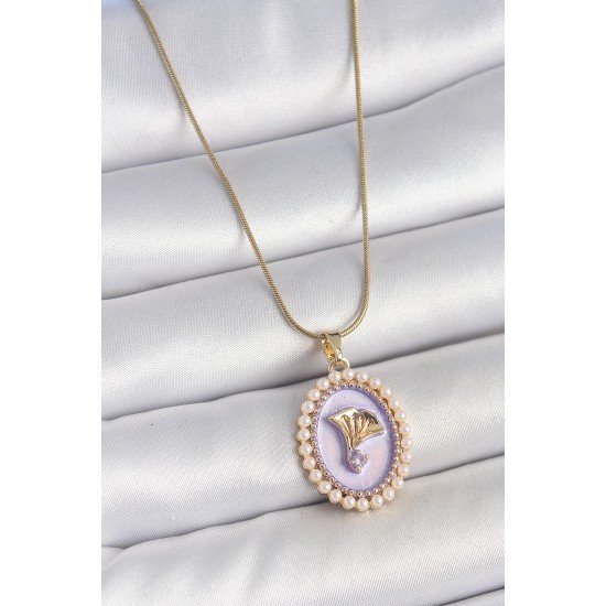 316L Çelik Gold Renk Zincir Mor Mineli İncili Zirkon Taşlı Çiçek İşlemeli Portre Model Kadın Kolye 316L Çelik Gold Renk Zincir Mor Mineli İncili Zirkon Taşlı Çiçek İşlemeli Portre Model Kadın Kolye