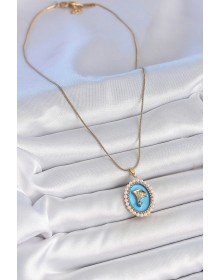 316L Çelik Gold Renk Zincir Mavi Mineli İncili Zirkon Taşlı Çiçek İşlemeli Portre Model Kadın Kolye