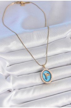 316L Çelik Gold Renk Zincir Mavi Mineli İncili Zirkon Taşlı Çiçek İşlemeli Portre Model Kadın Kolye
