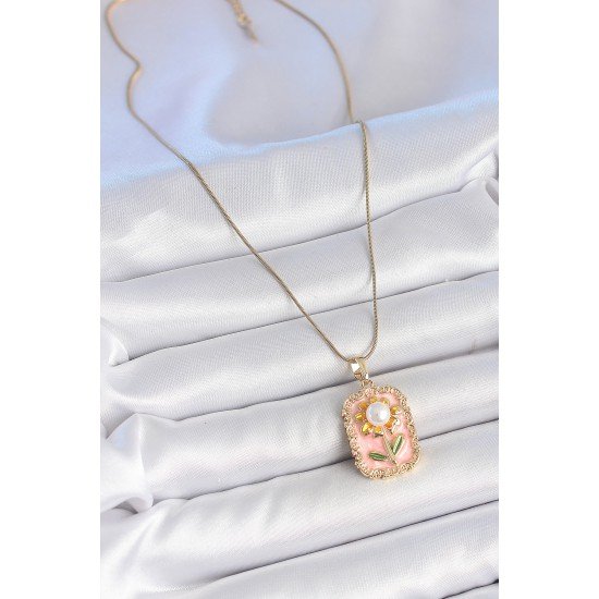 316L Çelik Gold Renk Zincir Pembe Mineli İncli Papatya Model Portre Model Kadın Kolye