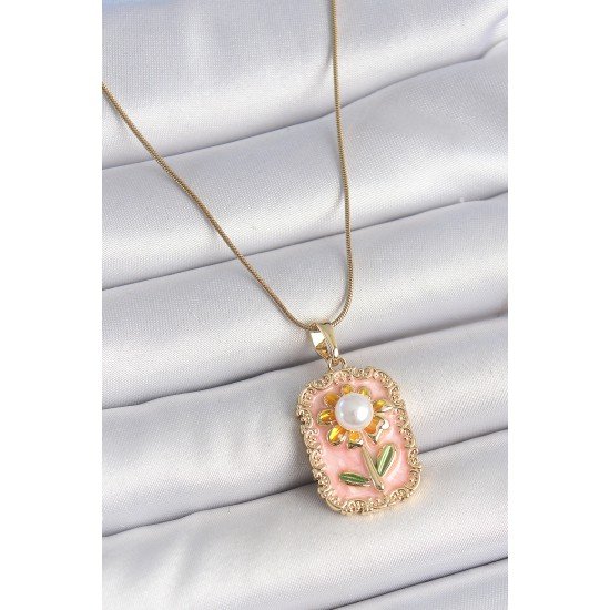 316L Çelik Gold Renk Zincir Pembe Mineli İncli Papatya Model Portre Model Kadın Kolye
