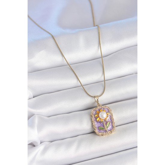 316L Çelik Gold Renk Zincir Mor Mineli İncili Papatya İşlemeli Portre Model Kadın Kolye