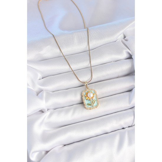 316L Çelik Gold Renk Zincir Mavi Mineli İncili Papatya İşlemeli Portre Model Kadın Kolye
