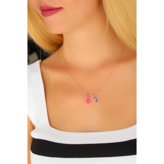 Nazar Boncuklu Pembe Renk Taşlı Rose Bayan Kolye