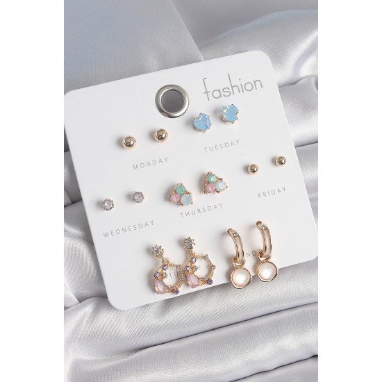 Pirinç Gold Renk Zirkon Taşlı Sallantı Halka Figür Kalp Detay 7 Çift Kadın Küpe