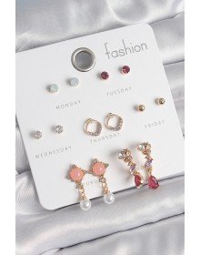 Pirinç Gold Renk Zirkon Taşlı Sallantı İnci Detay 7 Çift Kadın Küpe