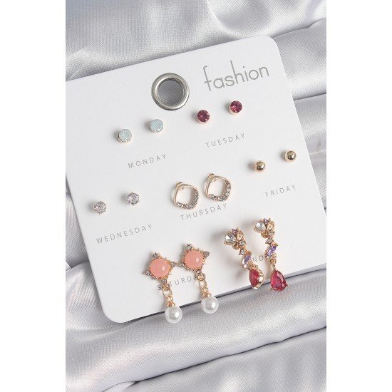 Pirinç Gold Renk Zirkon Taşlı Sallantı İnci Detay 7 Çift Kadın Küpe