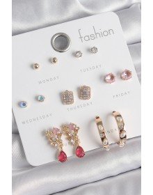 Pirinç Gold Renk Zirkon Taşlı Çiçek Figür İncili Halka Figür 7 Çift Kadın Küpe Seti