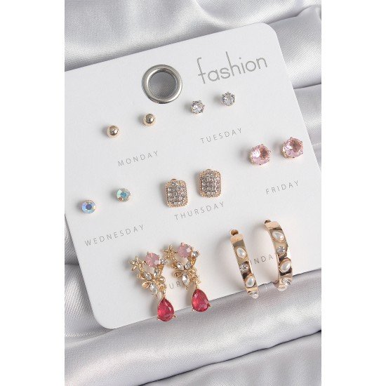 Pirinç Gold Renk Zirkon Taşlı Çiçek Figür İncili Halka Figür 7 Çift Kadın Küpe Seti