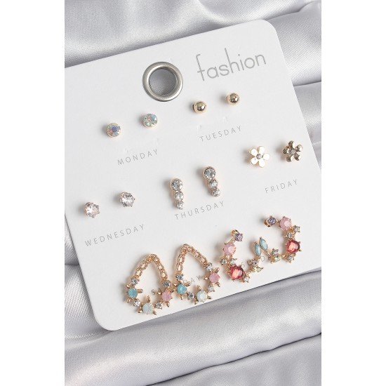 Pirinç Gold Renk Zirkon Taşlı Damla Model Yıldız Detaylı 7 Çift Kadın Küpe Seti Pirinç Gold Renk Zirkon Taşlı Damla Model Yıldız Detaylı 7 Çift Kadın Küpe Seti