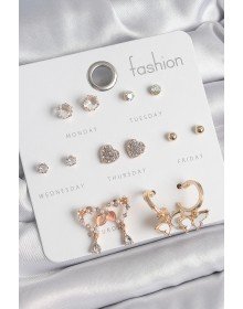 Pirinç Gold Renk Zirkon Taşlı Sallantılı Kalp Figür Kelebek Detay 7 Çift Kadın Küpe Seti