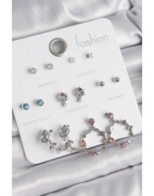 Pirinç Gümüş Renk Zirkon Taşlı Gül Figür Halka Model 7 Çift Kadın Küpe Seti