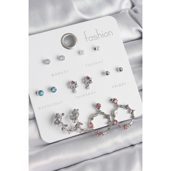 Pirinç Gümüş Renk Zirkon Taşlı Gül Figür Halka Model 7 Çift Kadın Küpe Seti