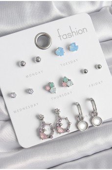 Pirinç Gümüş Renk Zirkon Taşlı Sallantı Halka Model Çiçek Detay 7 Çift Kadın Küpe Seti