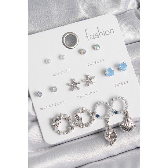 Pirinç Gümüş Renk İncli Zirkon Taşlı Halka Figür Yıldız Detay 7 Çift Kadın Küpe Seti