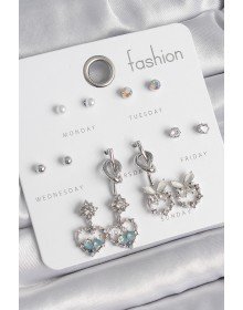 Pirinç Gümüş Renk Sallantı Zirkon Taşlı Kalp Model Düğüm Detay 7 Çift Kadın Küpe Seti