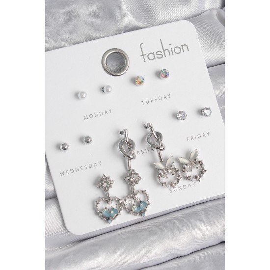 Pirinç Gümüş Renk Sallantı Zirkon Taşlı Kalp Model Düğüm Detay 7 Çift Kadın Küpe Seti