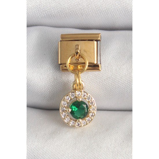 316L Çelik Gold Renk Sallantı Yeşil Zirkon Taşlı Nomination Charm