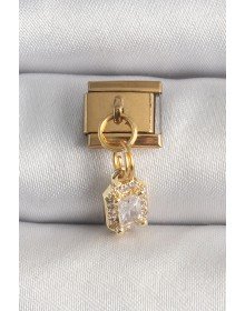 316L Çelik Gold Renk Sallantı Zirkon Taşlı Kare Model Nomination Charm