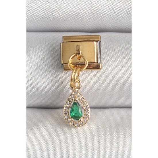 316L Çelik Gold Renk Sallantı Damla Yeşil Zirkon Taşlı Nomination Charm