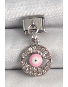 316L Çelik Gümüş Renk Sallantı Zirkon Taşlı Pembe Göz Model Nomination Charm